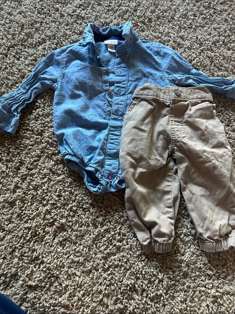 Unbranded Blue Chambray Baby Button-Up with Tan Jogger Pants